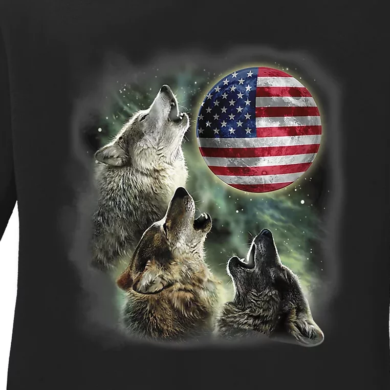 The Mountain Three Wolfs American Flag Moons Ladies Long Sleeve Shirt