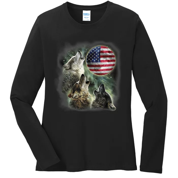 The Mountain Three Wolfs American Flag Moons Ladies Long Sleeve Shirt