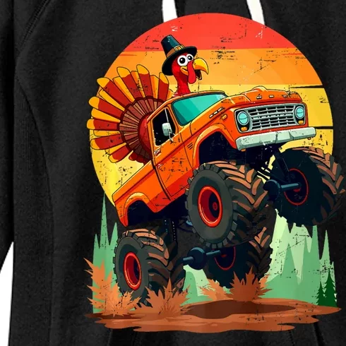 Thanksgiving Monster Truck Turkey Pilgrim Thanksgiving Retro Women's Fleece Hoodie