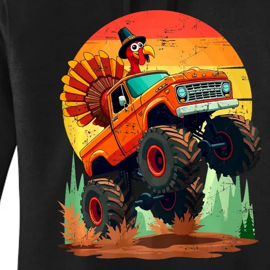 Thanksgiving Monster Truck Turkey Pilgrim Thanksgiving Retro Women's Pullover Hoodie