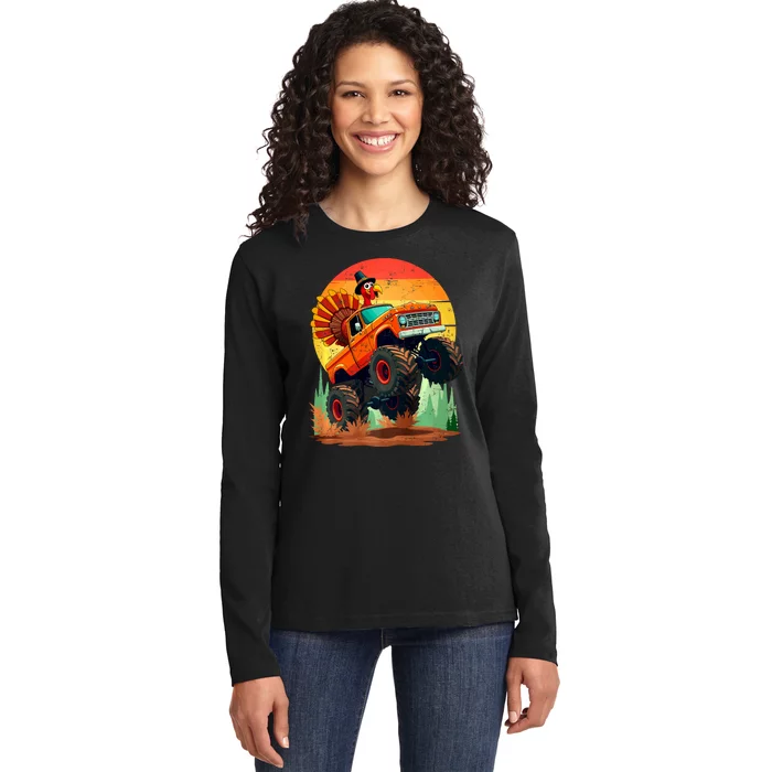 Thanksgiving Monster Truck Turkey Pilgrim Thanksgiving Retro Ladies Long Sleeve Shirt