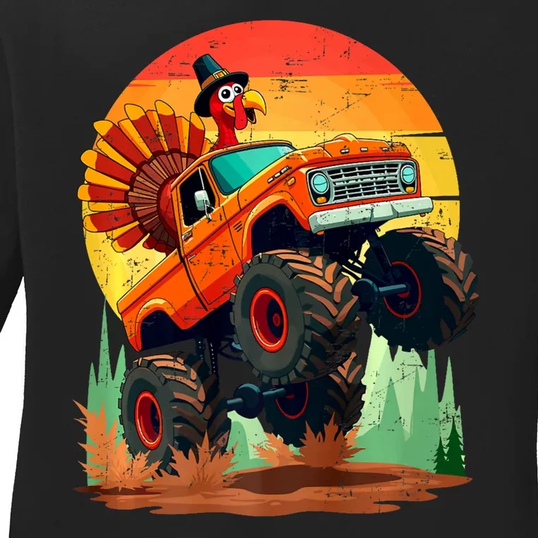 Thanksgiving Monster Truck Turkey Pilgrim Thanksgiving Retro Ladies Long Sleeve Shirt