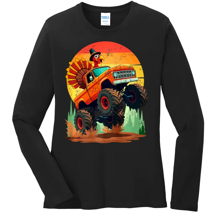 Thanksgiving Monster Truck Turkey Pilgrim Thanksgiving Retro Ladies Long Sleeve Shirt