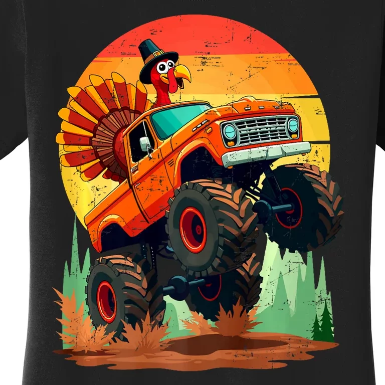 Thanksgiving Monster Truck Turkey Pilgrim Thanksgiving Retro Women's T-Shirt