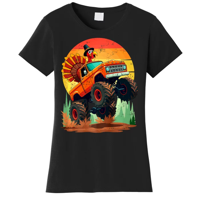 Thanksgiving Monster Truck Turkey Pilgrim Thanksgiving Retro Women's T-Shirt