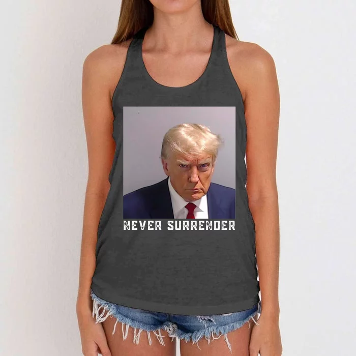 Trump never surrender 2024 Mugshot Women's Knotted Racerback Tank