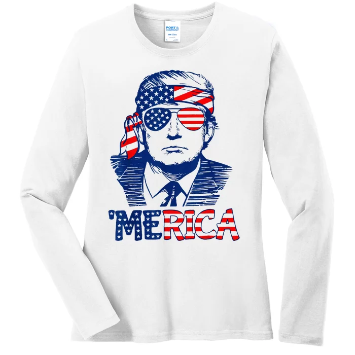 Trump Merica Trump 4th Of July American Flag Ladies Long Sleeve Shirt