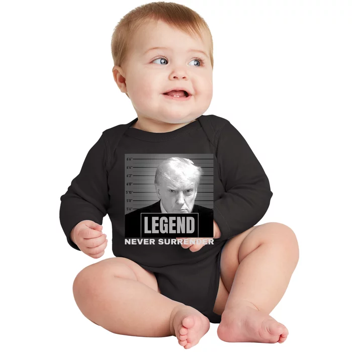 Trump never surrender 2024 Mugshot Baby Long Sleeve Bodysuit