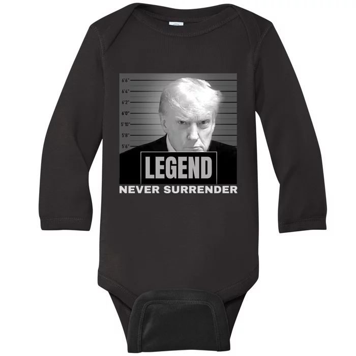 Trump never surrender 2024 Mugshot Baby Long Sleeve Bodysuit