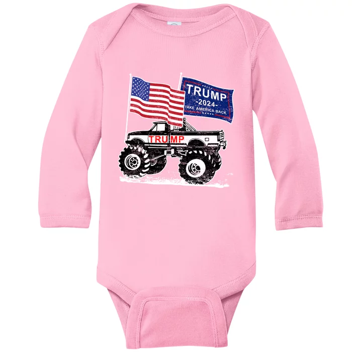 Trump Monster Truck Rally Trump Flag Trump 2024 Great Gift Baby Long Sleeve Bodysuit