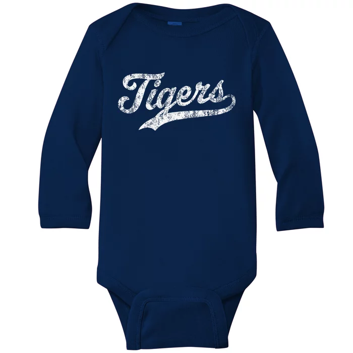 Tigers Mascot Vintage Sports Name Baby Long Sleeve Bodysuit