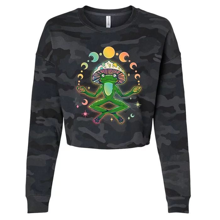 Trippy Meditating Yoga Mushroom Frog Toad Cropped Pullover Crew