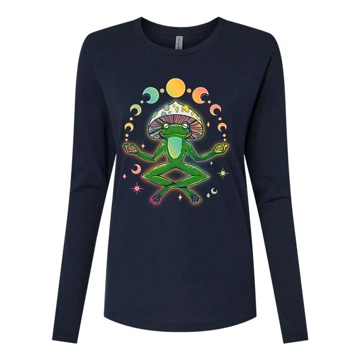 Trippy Meditating Yoga Mushroom Frog Toad Womens Cotton Relaxed Long Sleeve T-Shirt