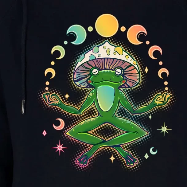 Trippy Meditating Yoga Mushroom Frog Toad Womens Funnel Neck Pullover Hood