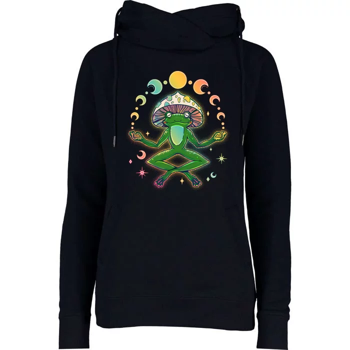 Trippy Meditating Yoga Mushroom Frog Toad Womens Funnel Neck Pullover Hood