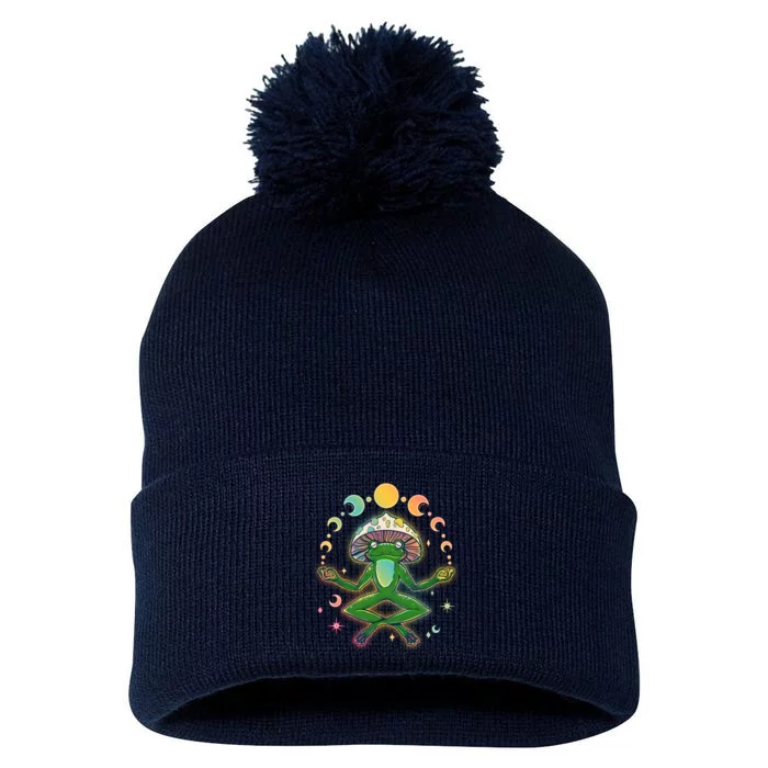 Trippy Meditating Yoga Mushroom Frog Toad Pom Pom 12in Knit Beanie