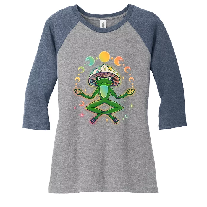 Trippy Meditating Yoga Mushroom Frog Toad Women's Tri-Blend 3/4-Sleeve Raglan Shirt