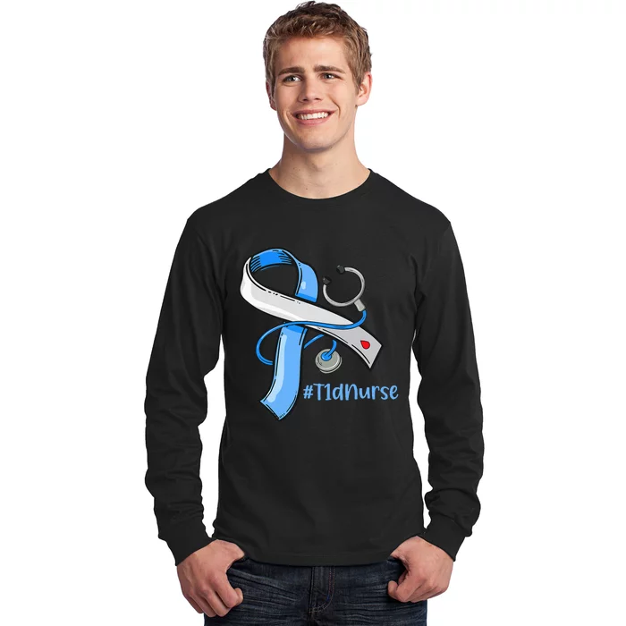 T1D Nurse Blue Ribbon Diabetes Awareness Long Sleeve Shirt