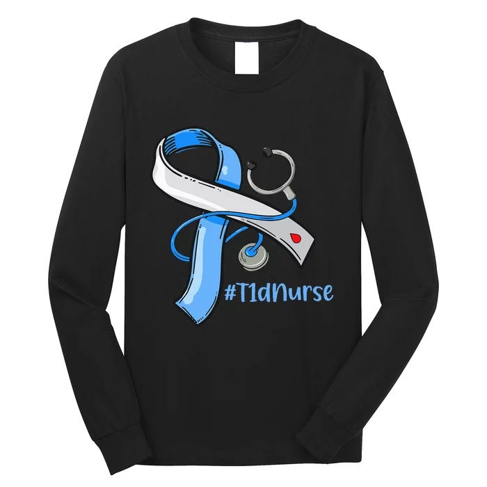 T1D Nurse Blue Ribbon Diabetes Awareness Long Sleeve Shirt