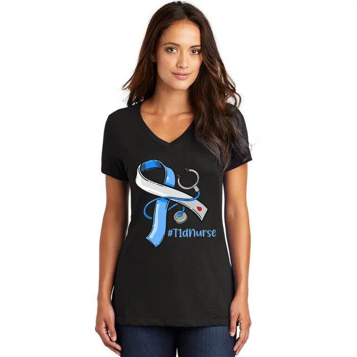 T1D Nurse Blue Ribbon Diabetes Awareness Women's V-Neck T-Shirt