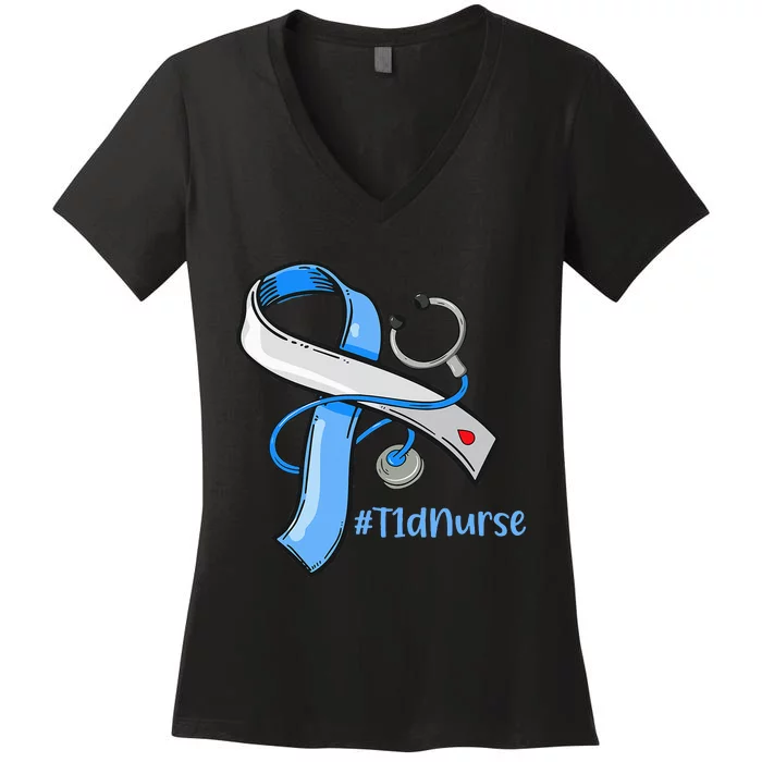 T1D Nurse Blue Ribbon Diabetes Awareness Women's V-Neck T-Shirt