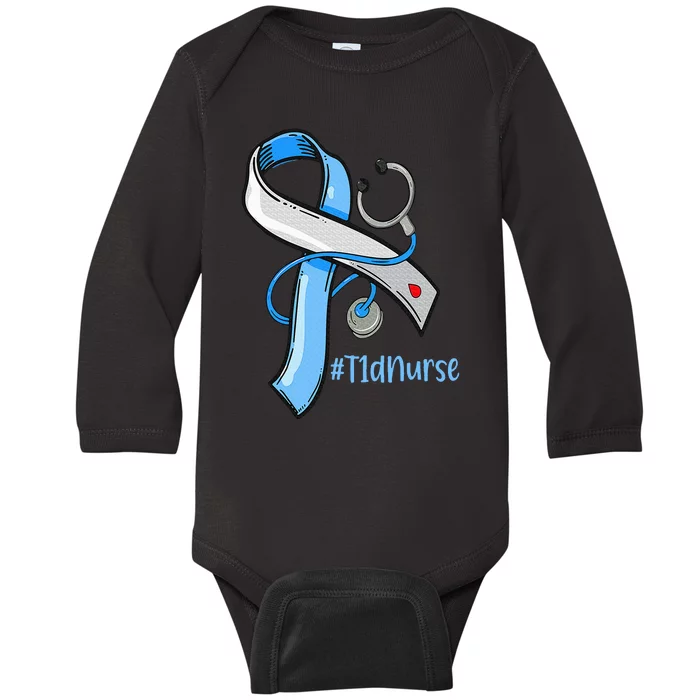 T1D Nurse Blue Ribbon Stethoscope Diabetes Awareness Baby Long Sleeve Bodysuit