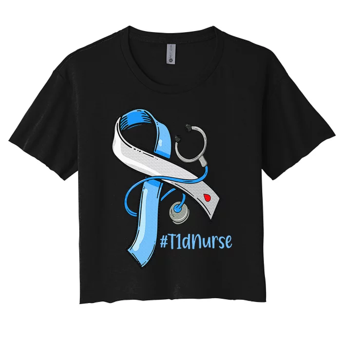 T1D Nurse Blue Ribbon Stethoscope Diabetes Awareness Women's Crop Top Tee