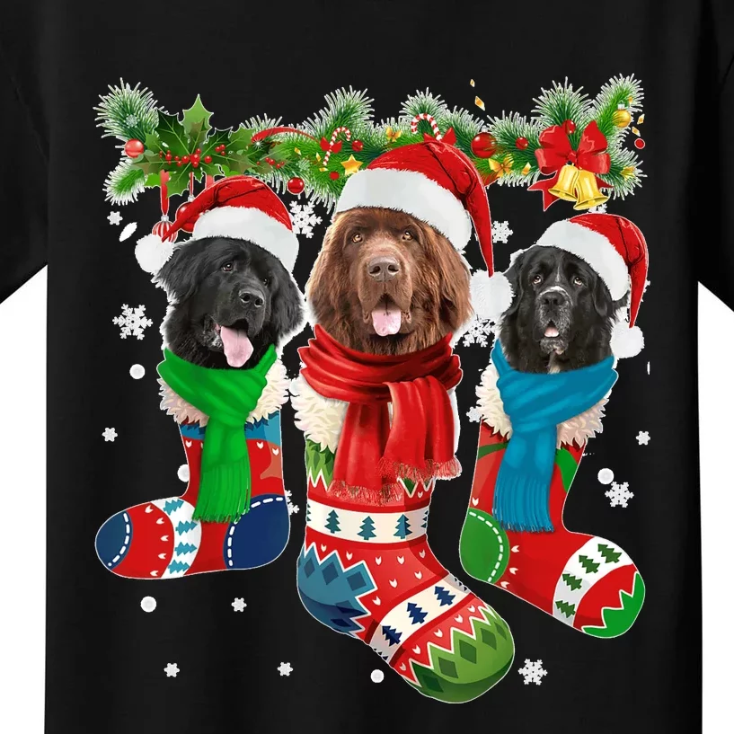 Three Newfoundland Dogs In Christmas Socks Kids T-Shirt