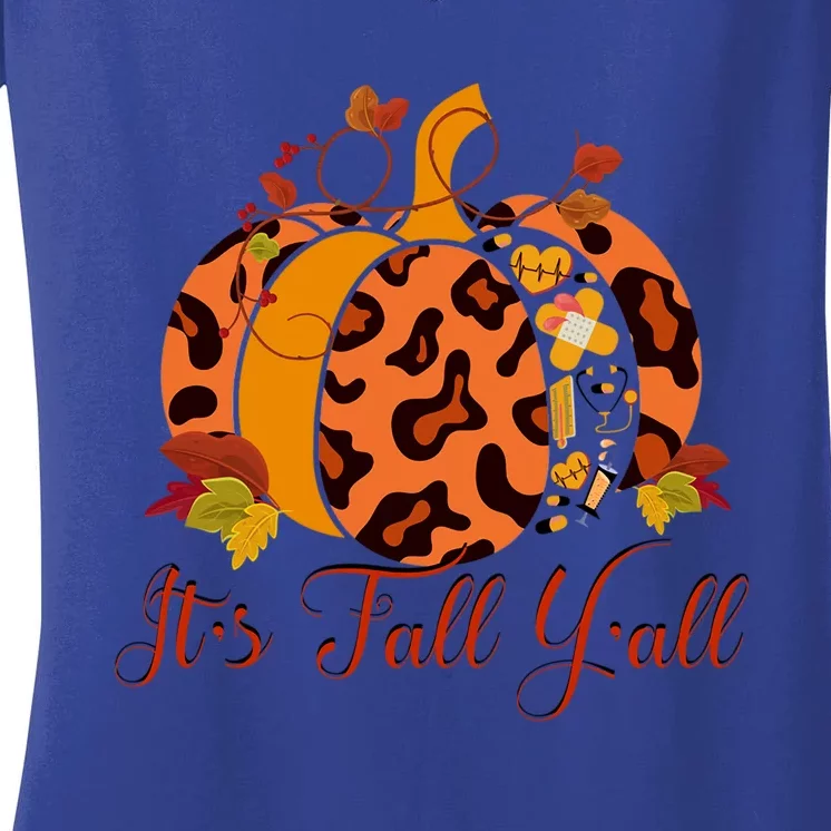 Thanksgiving Nurse Health Worker Leopard Pumpkin Autumn Gift Women's V-Neck T-Shirt