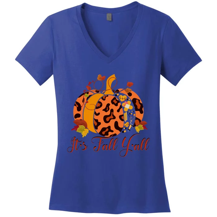 Thanksgiving Nurse Health Worker Leopard Pumpkin Autumn Gift Women's V-Neck T-Shirt