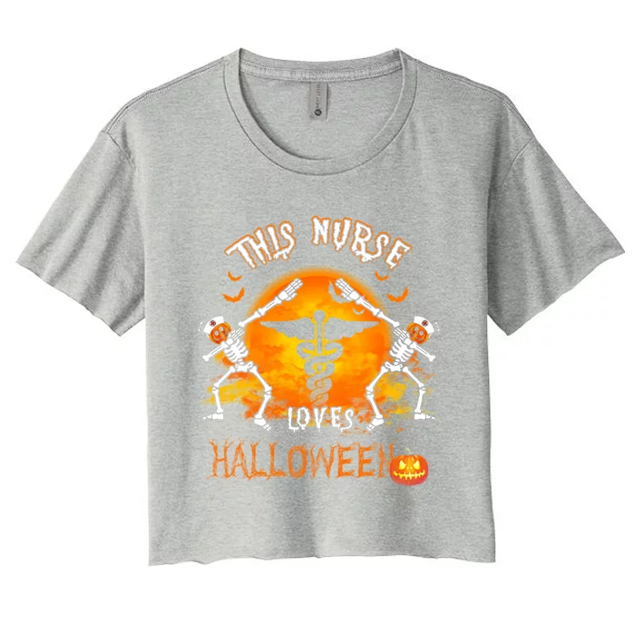 This Nurse Loves Halloween Pumpkin Dabbing Skeleton Funny Gift Women's Crop Top Tee