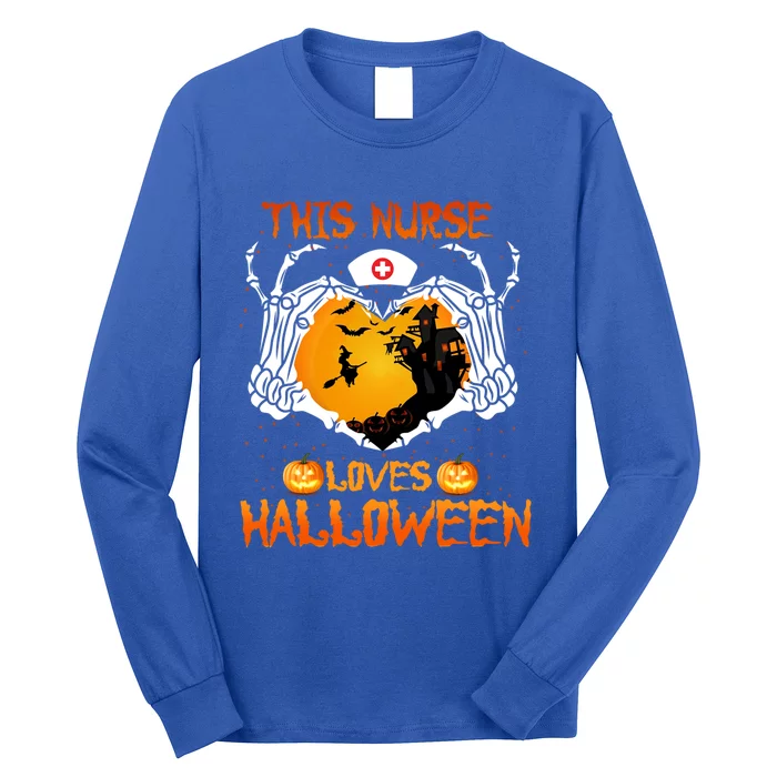 This Nurse Loves Halloween Skeleton Hand Heart Gift Long Sleeve Shirt