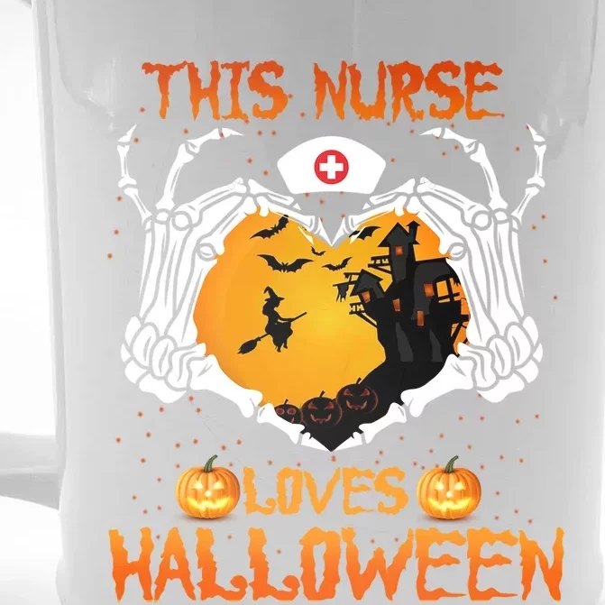 This Nurse Loves Halloween Skeleton Hand Heart Gift Front & Back Beer Stein