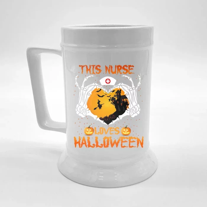 This Nurse Loves Halloween Skeleton Hand Heart Gift Front & Back Beer Stein