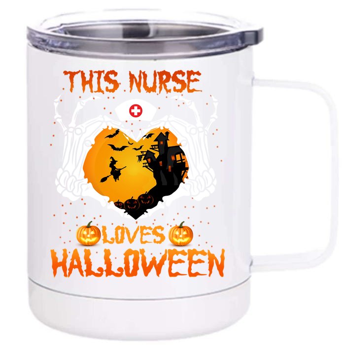 This Nurse Loves Halloween Skeleton Hand Heart Gift Front & Back 12oz Stainless Steel Tumbler Cup