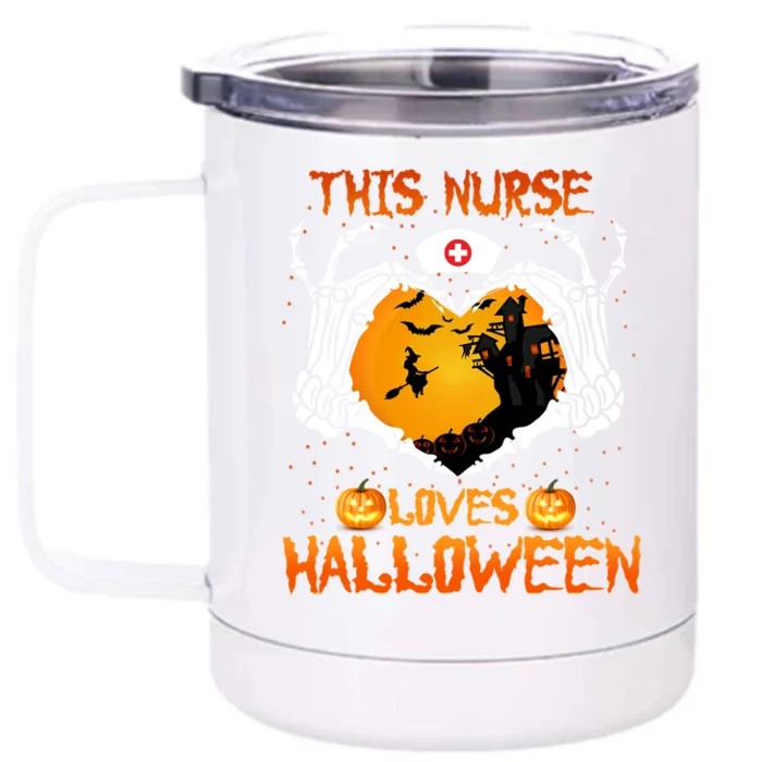 This Nurse Loves Halloween Skeleton Hand Heart Gift Front & Back 12oz Stainless Steel Tumbler Cup