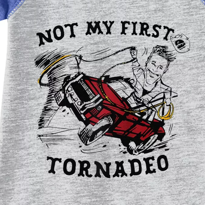 Twisters Not My First Tornadeo Funny Tornado Chaser Cow Raglan Infant Baby Jersey Bodysuit