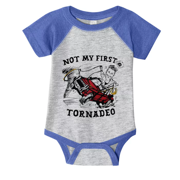 Twisters Not My First Tornadeo Funny Tornado Chaser Cow Raglan Infant Baby Jersey Bodysuit