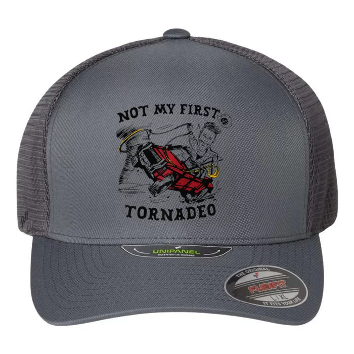 Twisters Not My First Tornadeo Funny Tornado Chaser Cow Raglan Flexfit Unipanel Trucker Cap