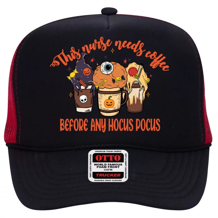 This Nurse Needs Coffee Funny Halloween Graphic Plus Size High Crown Mesh Trucker Hat