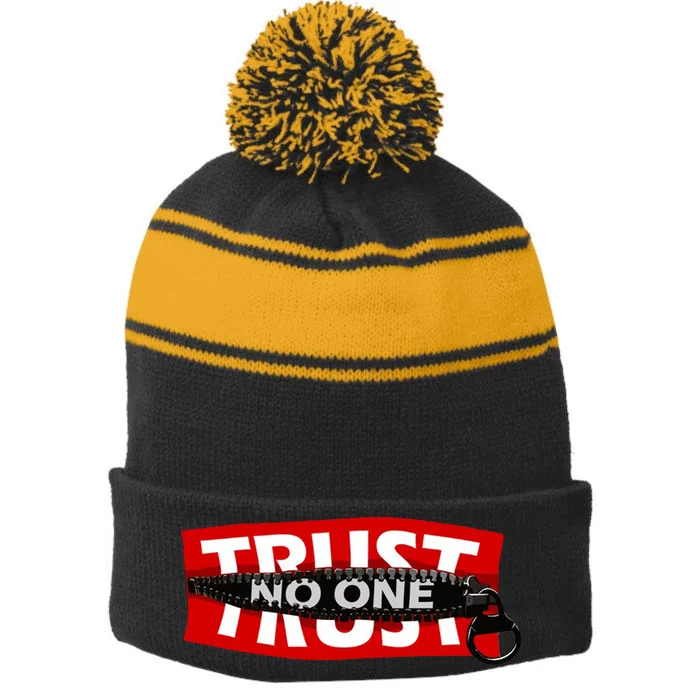 Trust No One Graphic Stripe Pom Pom Beanie