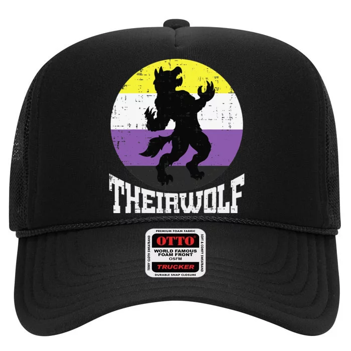 Theirwolf Nonbinary Pride Non Binary Enby NB Flag LGBTQ High Crown Mesh Trucker Hat