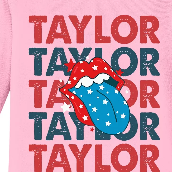 Taylor Name Personalized American 4th Of July Patriotic Baby Long Sleeve Bodysuit