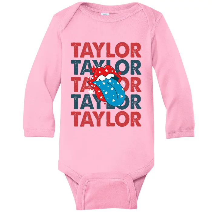 Taylor Name Personalized American 4th Of July Patriotic Baby Long Sleeve Bodysuit