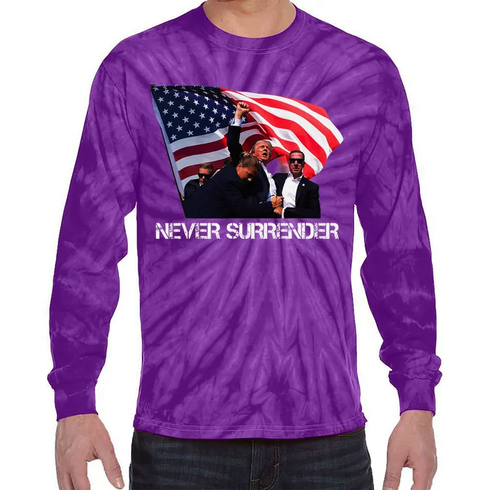 Trump Never Surrender Bold Statement Tie-Dye Long Sleeve Shirt