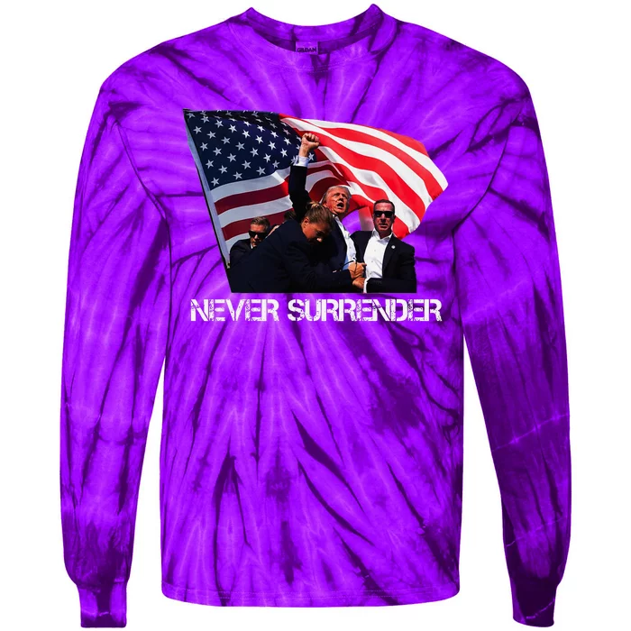 Trump Never Surrender Bold Statement Tie-Dye Long Sleeve Shirt