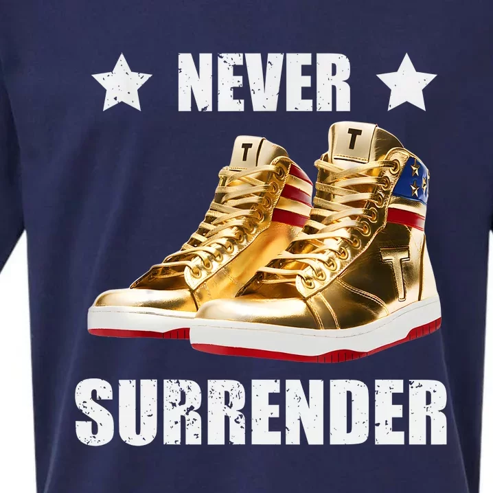 Trump Never Surrender Gold Sneakers Pro Trump 2024 Sueded Cloud Jersey T-Shirt