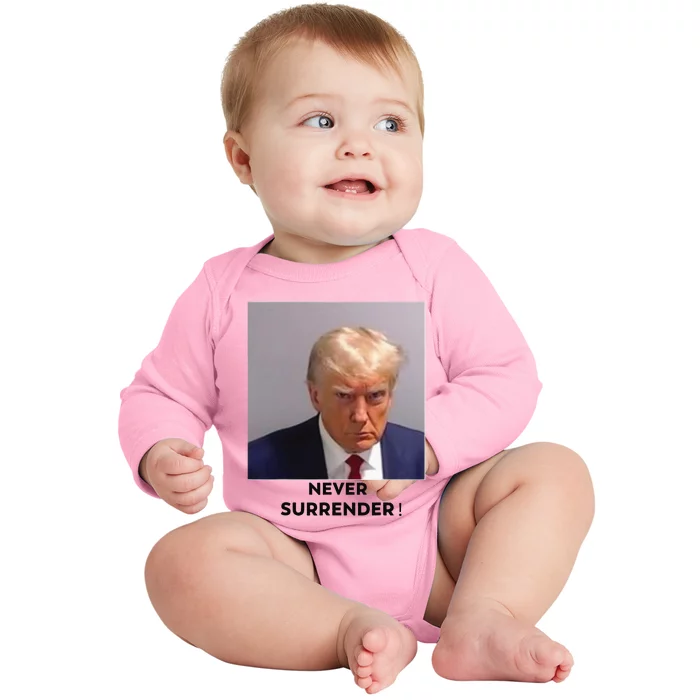 Trump Never Surrender Mug Shot Baby Long Sleeve Bodysuit