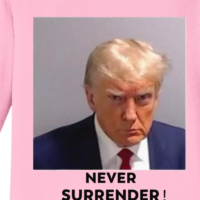 Trump Never Surrender Mug Shot Baby Long Sleeve Bodysuit