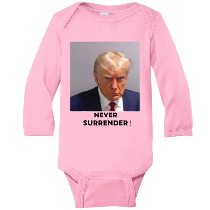 Trump Never Surrender Mug Shot Baby Long Sleeve Bodysuit